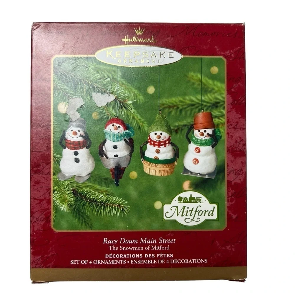 Hallmark Ornaments (4)2000 Keepsake Snowmen of Mitford Race Down Main Street